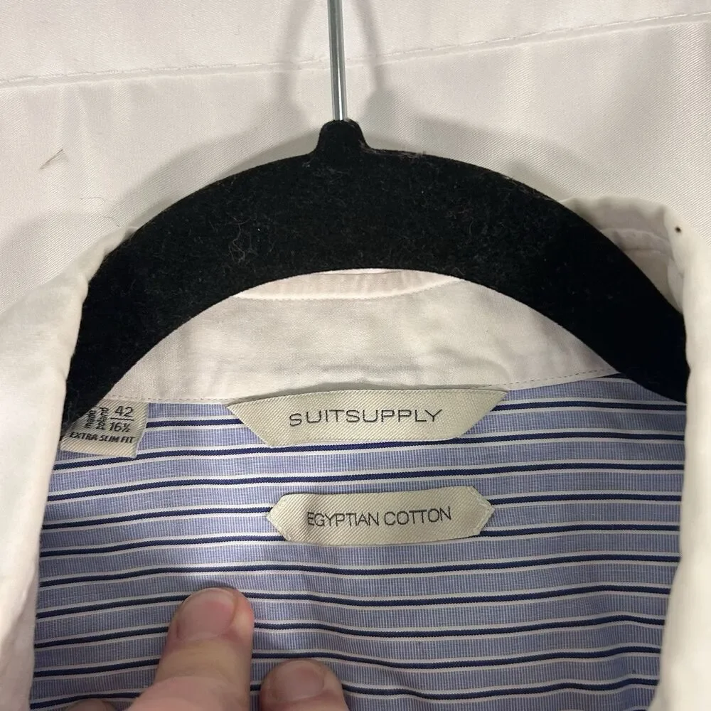 Suitsupply Dress Shirt Men's 16.5 42 Blue Striped Egyptian Cotton Long Sleeve - Picture 4 of 7